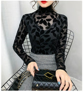 High Neck Leaf Pattern Velvet Mesh Shirt